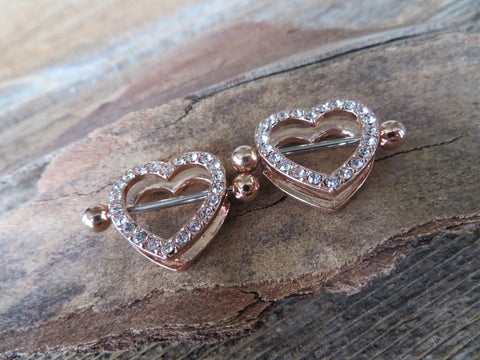 Rose Gold Ion Plated Chunky Heart Gems 14G or 16G Nipple Shields Pair
