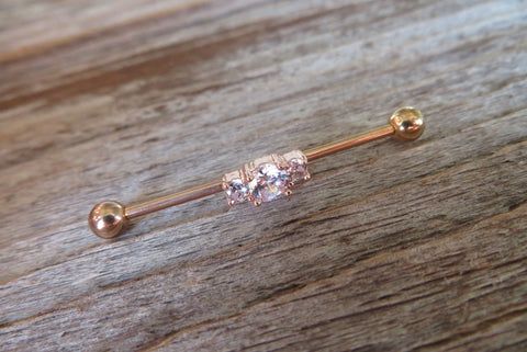 Triple Crystal Rose Gold Ion Plated Surgical Steel 316L Barbell Industrial Small Balls 14G (1.6mm) Piercing
