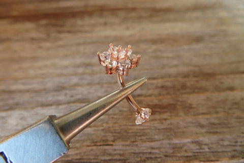 Rose Gold Plated Minimalist Floating Crystal Flower Gems Belly Ring 14g VCH Internally Threaded Piercing