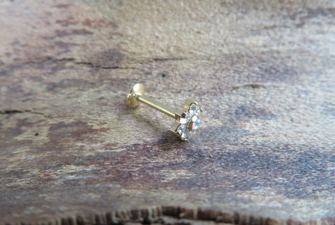 Gold IP Flower Crystal Gems Cartilage Labret Monroe Tragus Flatback Surgical Steel Barbell Piercing 16G 6mm 8mm 10mm 11mm 12mm 14mm 16mm