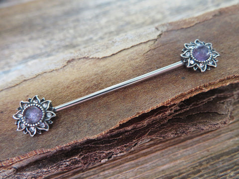 Amethyst Natural Stone Sun Industrial 14G (1.6mm) Piercing 32mm 35mm 38mm