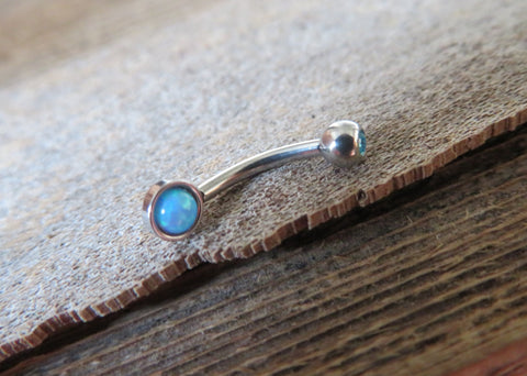 Light Blue Fire Opal Vertical Lip Curve Eyebrow Rook Bar Ring 16g (1.2mm) Piercing