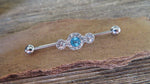 Blue Gems Custom Lengths Crystal Silver Ion Plated Triple Sun Surgical Steel 316L Barbell Industrial Small Balls 14G (1.6mm) Piercing