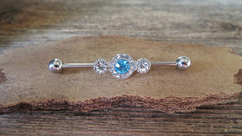 Blue Gems Custom Lengths Crystal Silver Ion Plated Triple Sun Surgical Steel 316L Barbell Industrial Small Balls 14G (1.6mm) Piercing