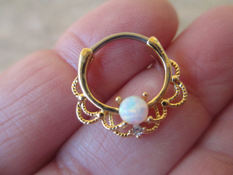 Gold Ion Plated Lacey White Fire Opal Septum or Daith 16G Piercing