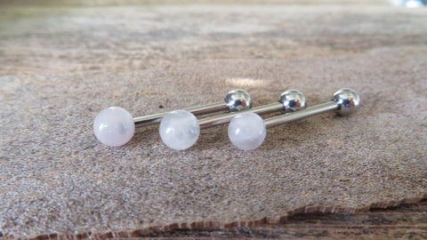 Bundle 3-Pack Rose Quartz Natural Stone Barbell Tongue Ring 14g (1.6mm) Piercing