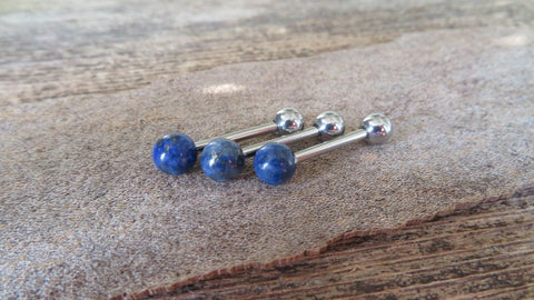 Bundle 3-Pack Lapis Lazuli Natural Stone Barbell Tongue Ring 14g (1.6mm) Piercing