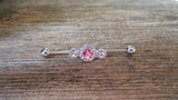 Pink Gems Custom Lengths Crystal Silver Ion Plated Triple Sun Surgical Steel 316L Barbell Industrial Small Balls 14G (1.6mm) Piercing