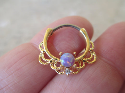 Gold Ion Plated Lacey Purple Fire Opal Septum or Daith 16G Piercing