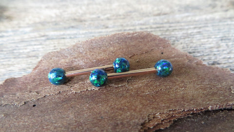14G Rose Gold Ion Plated Navy-Blue Green Opal Surgical Steel Nipple Tongue Ring Barbell 14G (1.6mm) Piercing