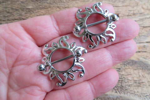 Silver Sunburst 14G or 16G Nipple Shields Pair