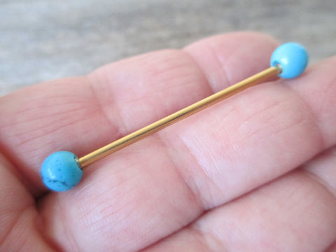 Turquoise Howlite 14G Gold Industrial Surgical Steel Barbell Piercing 14G (1.6mm) 32mm 35mm 38mm