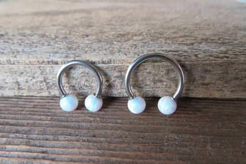 White Opal Ball Horseshoe Barbell - 16g (1.2mm), 5/16" (8mm), External Thread - For Nose, Lip, Tragus
