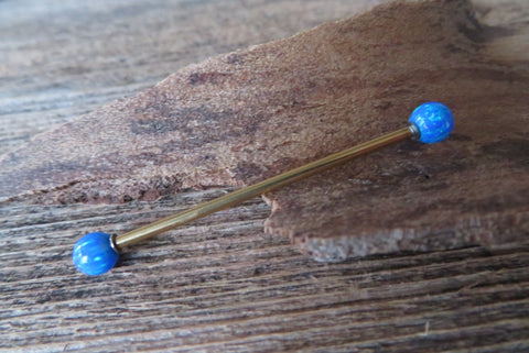 Gold Ion Plated Blue Opal 100% Surgical Steel Industrial Scaffold Barbell 14G (1.6mm) Piercing Minimalist