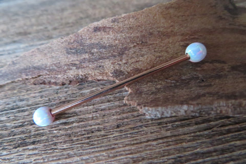 Rose Gold Ion Plated White Opal 100% Surgical Steel Industrial Scaffold Barbell 14G (1.6mm) Piercing