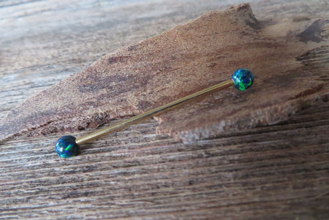 Gold Ion Plated Navy-Blue Green Opal 100% Surgical Steel Industrial Scaffold Barbell 14G (1.6mm) Piercing Minimalist