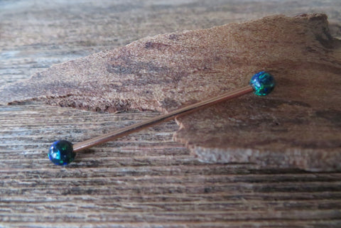 Rose Gold Ion Plated Navy-Blue Green Opal 100% Surgical Steel Industrial Scaffold Barbell 14G (1.6mm) Piercing Minimalist