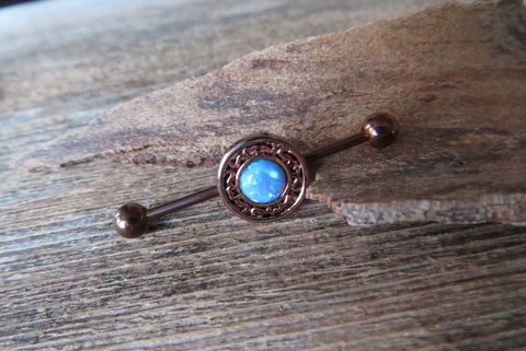 Copper Blue Opal Mandala Surgical Steel 316L Barbell Industrial 14G (1.6mm) Piercing
