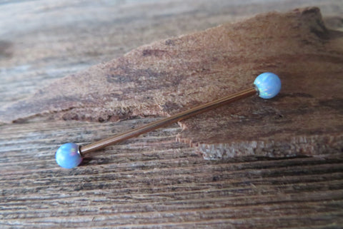 Rose Gold Ion Plated Light Blue Opal 100% Surgical Steel Industrial Scaffold Barbell 14G (1.6mm) Piercing Minimalist