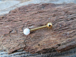 Gold IP White Fire Opal 100% Surgical Steel Stone Barbell Tongue Ring 14G (1.6mm) Piercing Custom Lengths