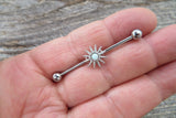 Opal Silver Ion Plated Custom Lengths Spiked Sun Surgical Steel 316L Barbell Industrial Small Balls 14G (1.6mm) Piercing 32mm 35mm 38mm