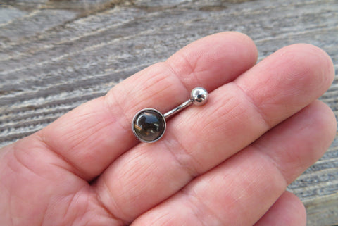 Smokey Quartz Minimalist 8mm Natural Stone 100% Surgical Steel Belly Ring 14g (1.6mm)