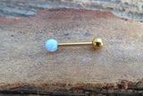 Gold IP Light Blue Fire Opal 100% Surgical Steel Stone Barbell Tongue Ring 14G (1.6mm) Piercing Custom Lengths