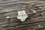 White Flower Cos Play Girly Surgical Steel 316L Barbell Industrial Small Balls 14G (1.6mm) Piercing 38mm Hawaiian Flower