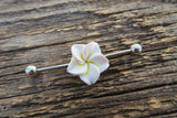 White Flower Cos Play Girly Surgical Steel 316L Barbell Industrial Small Balls 14G (1.6mm) Piercing 38mm Hawaiian Flower