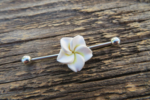 White Flower Cos Play Girly Surgical Steel 316L Barbell Industrial Small Balls 14G (1.6mm) Piercing 38mm Hawaiian Flower