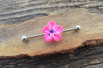 Pink Flower Cos Play Girly Surgical Steel 316L Barbell Industrial Small Balls 14G (1.6mm) Piercing 38mm Hawaiian Flower