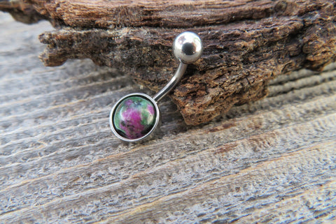 Ruby Zoisite Minimalist 8mm Natural Stone 100% Surgical Steel Belly Ring 14g (1.6mm)