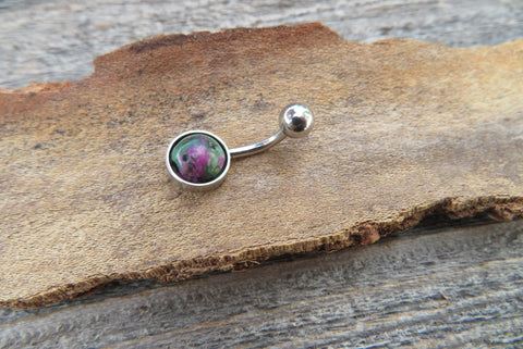 Ruby Zoisite Minimalist 6mm or 8mm Natural Stone 100% Surgical Steel Belly Ring 14g (1.6mm)