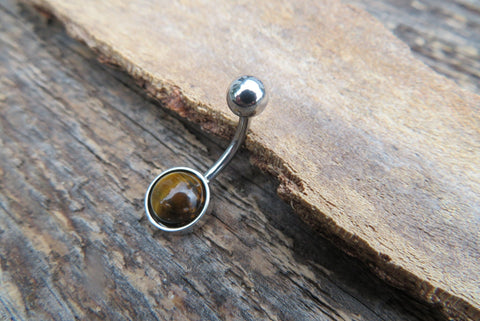 Tiger Eye Minimalist 8mm Natural Stone 100% Surgical Steel Belly Ring 14g (1.6mm)
