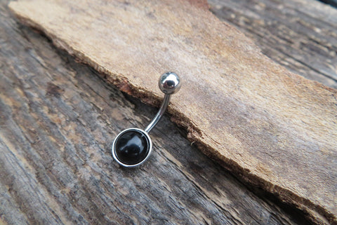 Black Obsidian Minimalist 8mm Natural Stone 100% Surgical Steel Belly Ring 14g (1.6mm)