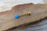 Gold IP Light Blue Fire Opal 100% Surgical Steel Stone Barbell Tongue Ring 14G (1.6mm) Piercing Custom Lengths