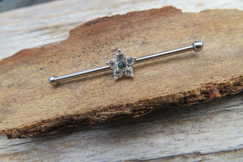 Custom Lengths Silver Small Dark Blue Crystal Flower Opal Surgical Steel 316L Barbell Industrial Small Balls 14G (1.6mm) Piercing