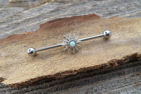 Opal Silver Ion Plated Custom Lengths Spiked Sun Surgical Steel 316L Barbell Industrial Small Balls 14G (1.6mm) Piercing 32mm 35mm 38mm