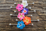 White Flower Cos Play Girly Surgical Steel 316L Barbell Industrial Small Balls 14G (1.6mm) Piercing 38mm Hawaiian Flower