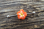 White Flower Cos Play Girly Surgical Steel 316L Barbell Industrial Small Balls 14G (1.6mm) Piercing 38mm Hawaiian Flower