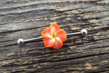 White Flower Cos Play Girly Surgical Steel 316L Barbell Industrial Small Balls 14G (1.6mm) Piercing 38mm Hawaiian Flower