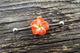 Pink Flower Cos Play Girly Surgical Steel 316L Barbell Industrial Small Balls 14G (1.6mm) Piercing 38mm Hawaiian Flower