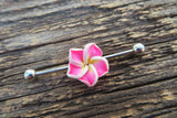 Pink Flower Cos Play Girly Surgical Steel 316L Barbell Industrial Small Balls 14G (1.6mm) Piercing 38mm Hawaiian Flower