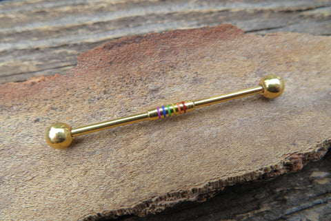 Gold Ion Plated Gay Pride Surgical Steel 316L Barbell Industrial Small Balls 14G (1.6mm) Piercing