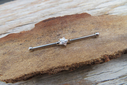 Celestial Star Silver IP Clear Gem Surgical Steel 316L Barbell Industrial Small Balls 14G (1.6mm) Piercing 38mm