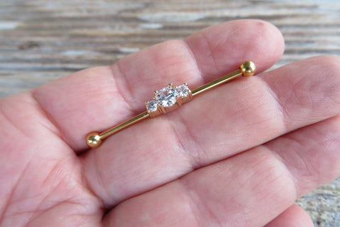 Triple Crystal Gold Ion Plated Surgical Steel 316L Barbell Industrial Small Balls 14G (1.6mm) Piercing