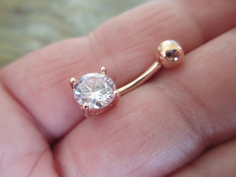 Rose Gold Ion Plated Round Zirconia Belly Ring 14g (1.6mm) Piercing