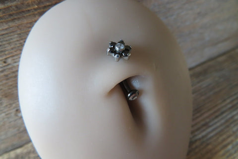 Floating Black Minimalist Petite Crystal Flower Gems Belly Ring 14g VCH Internally Threaded Piercing