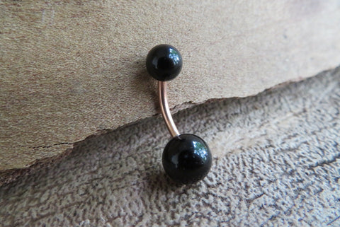 Rose Gold Black Obsidian Natural Stone Belly Ring 14G (1.6mm) VCH Piercing 8mm 10mm 11mm 12mm Lengths