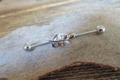 Silver Vine CZ Industrial Surgical Steel Barbell Piercing 14G (1.6mm) 32mm 35mm 38mm